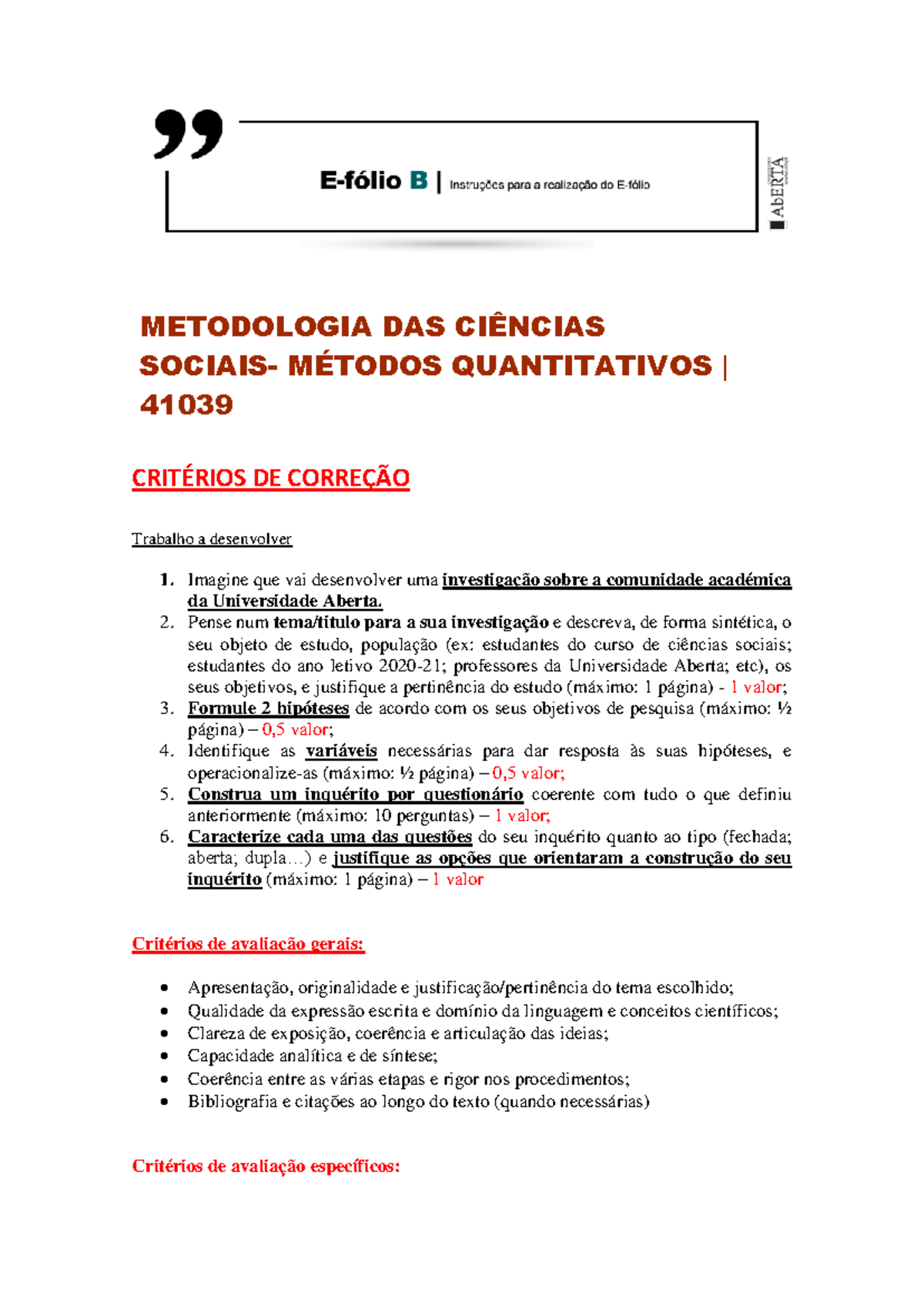 EFólio B critérios de correção 41039 - METODOLOGIA DAS CIÊNCIAS SOCIAIS ...