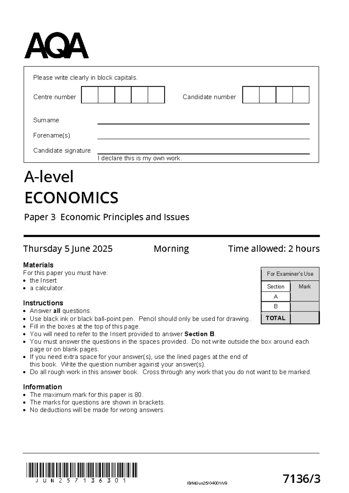 AQA A Level Economics Paper 3 June 2025 Question Paper - Studocu