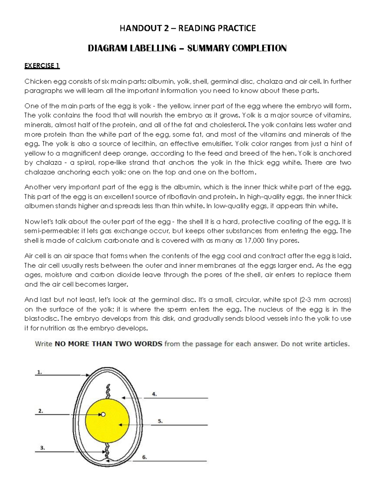 Reading - Handout 2 - DIAGRAM LABELLING – SUMMARY COMPLETION EXERCISE 1 ...