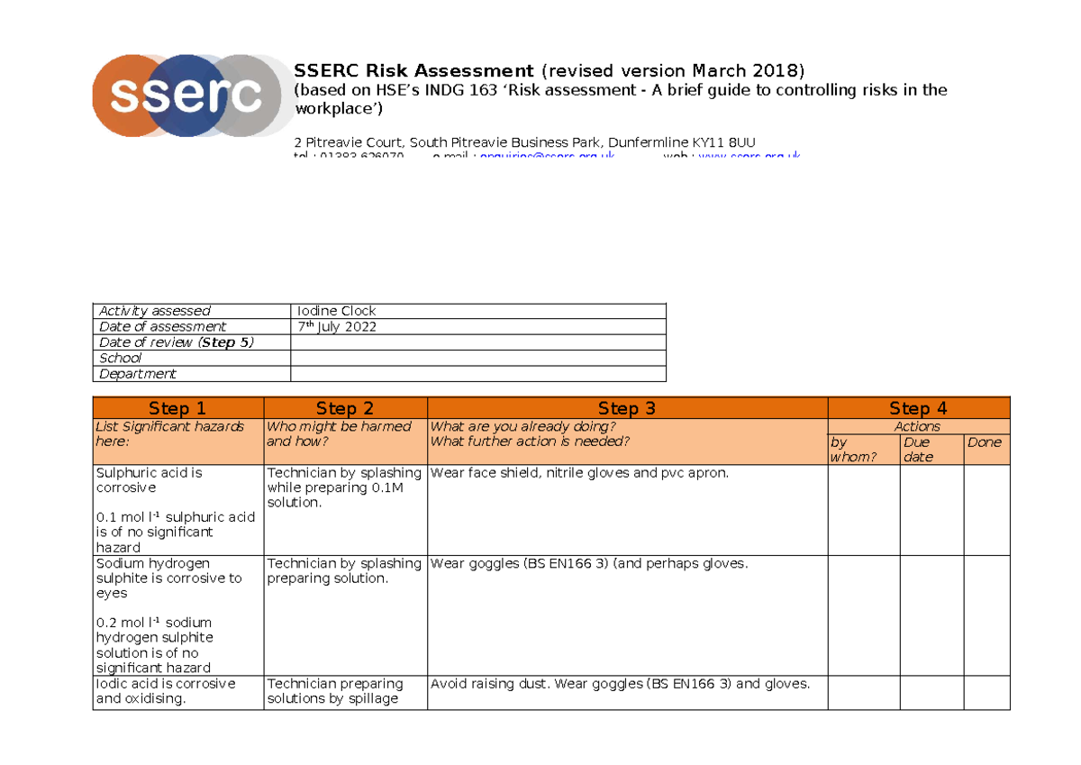 Iodine Clock Risk Assessment - SSERC Revised Version (Mar 2018) - Studocu