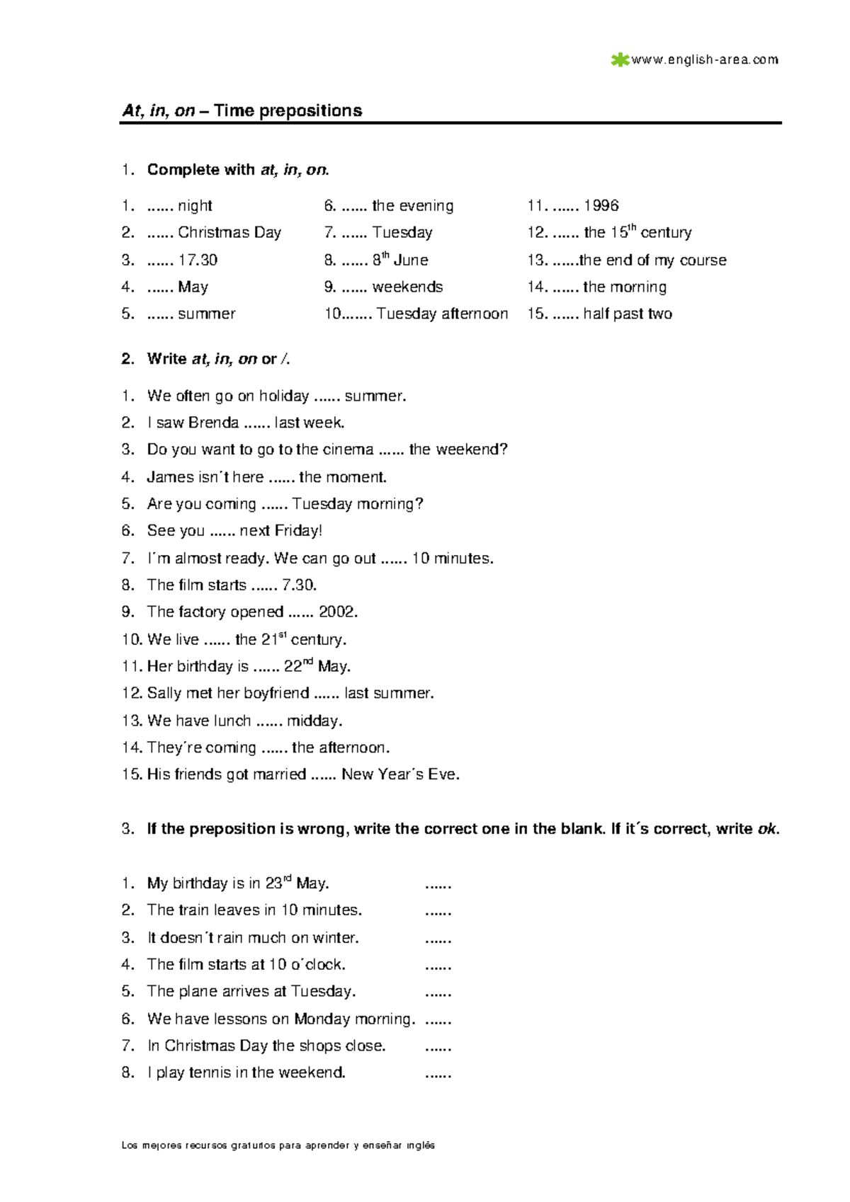 Prepositions Practice: At, In, On - Exercises and Answers - Studocu