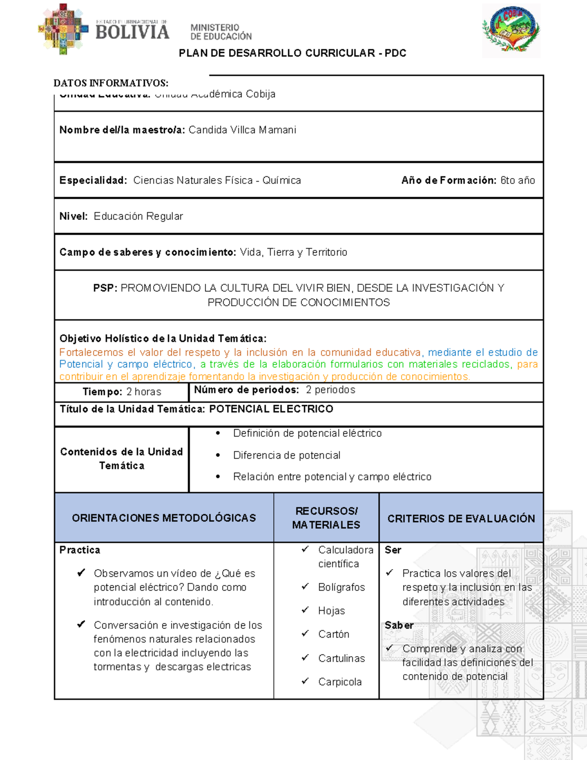 PDC: Plan de Desarrollo Curricular sobre Potencial Eléctrico - Studocu