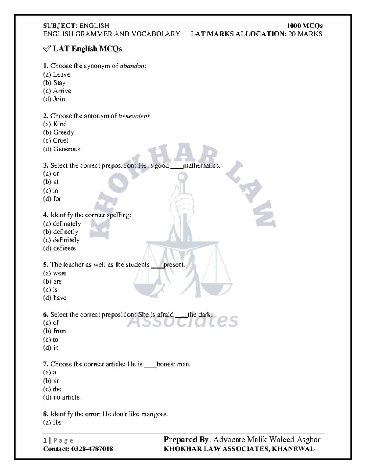 English Grammar and Vocabulary MCQs - LAT 20 Marks - Studocu