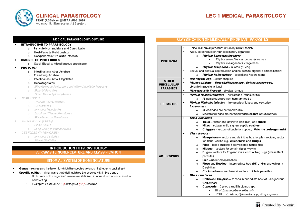 CLINICAL PARASITOLOGY LEC 1: MEDICAL PARASITOLOGY OUTLINE - Studocu