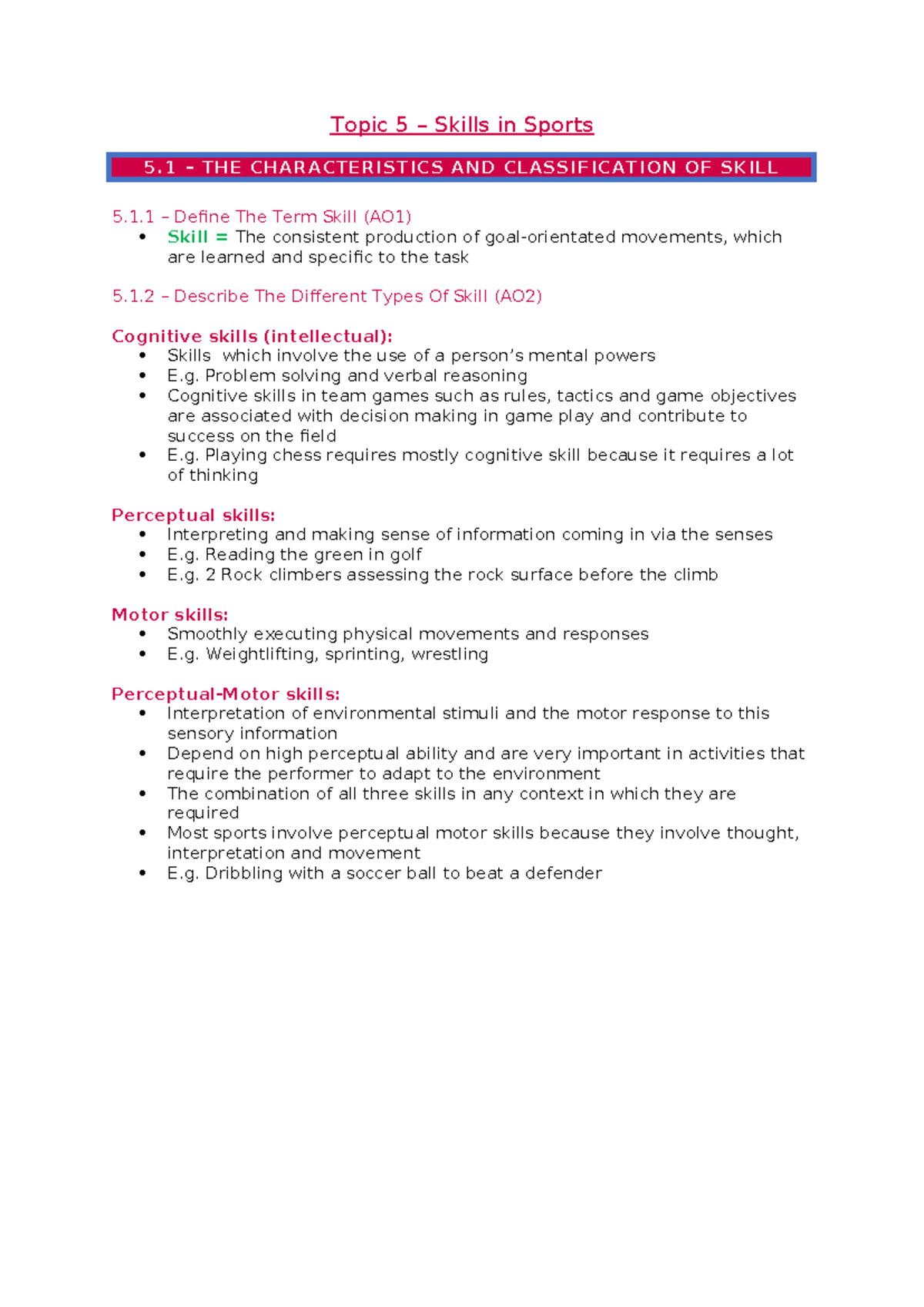 Topic 5 - Skills in Sport: Characteristics, Classification, and ...