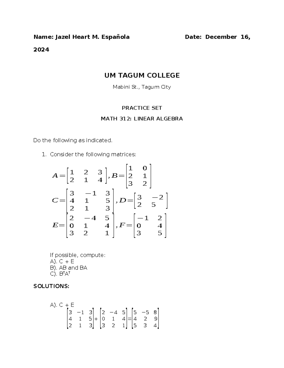 Practice Set for MATH 312: Linear Algebra Solutions and Computations ...