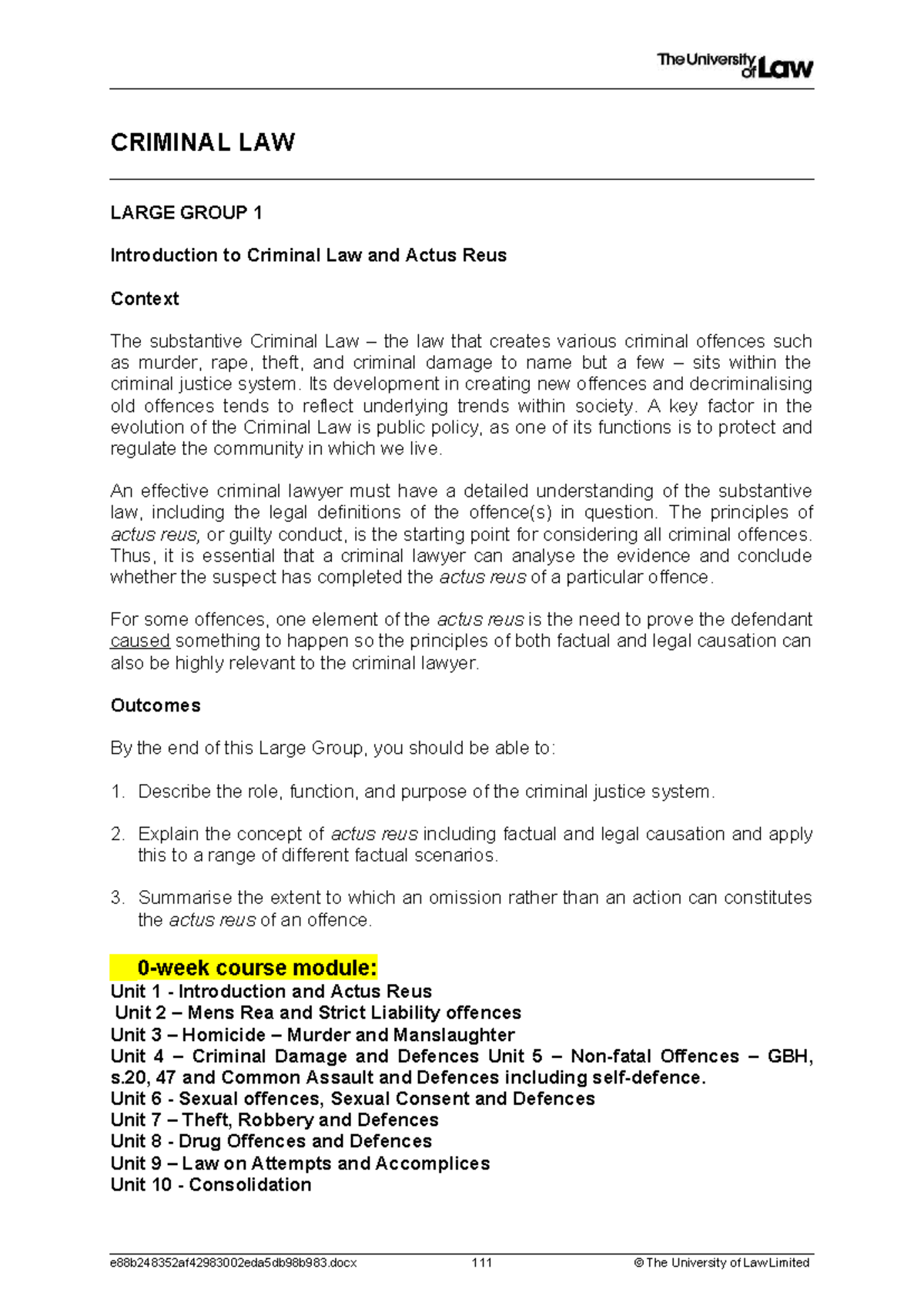 CRIMINAL LAW LG1: Introduction to Actus Reus and Legal Principles - Studocu