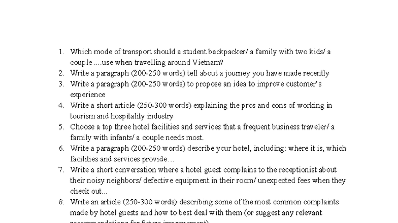 Tourism & Hospitality Writing Topics: Strategies & Insights - Studocu