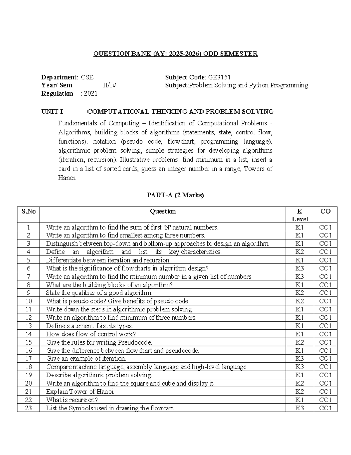 Problem Solving and Python Programming QB (GE3151) - Question Bank for ...