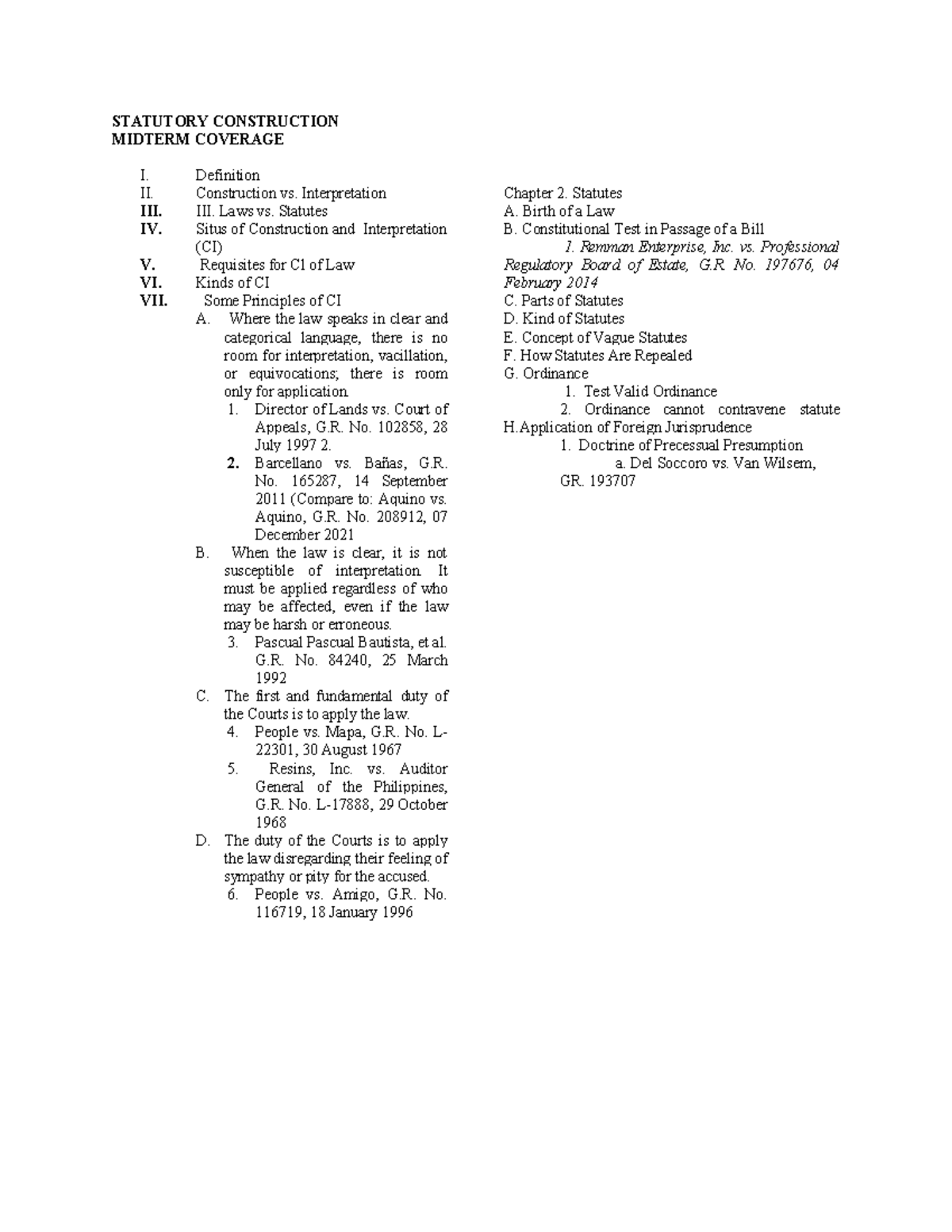 STATUTORY CONSTRUCTION MIDTERM REVIEW: KEY TOPICS AND CASES - Studocu