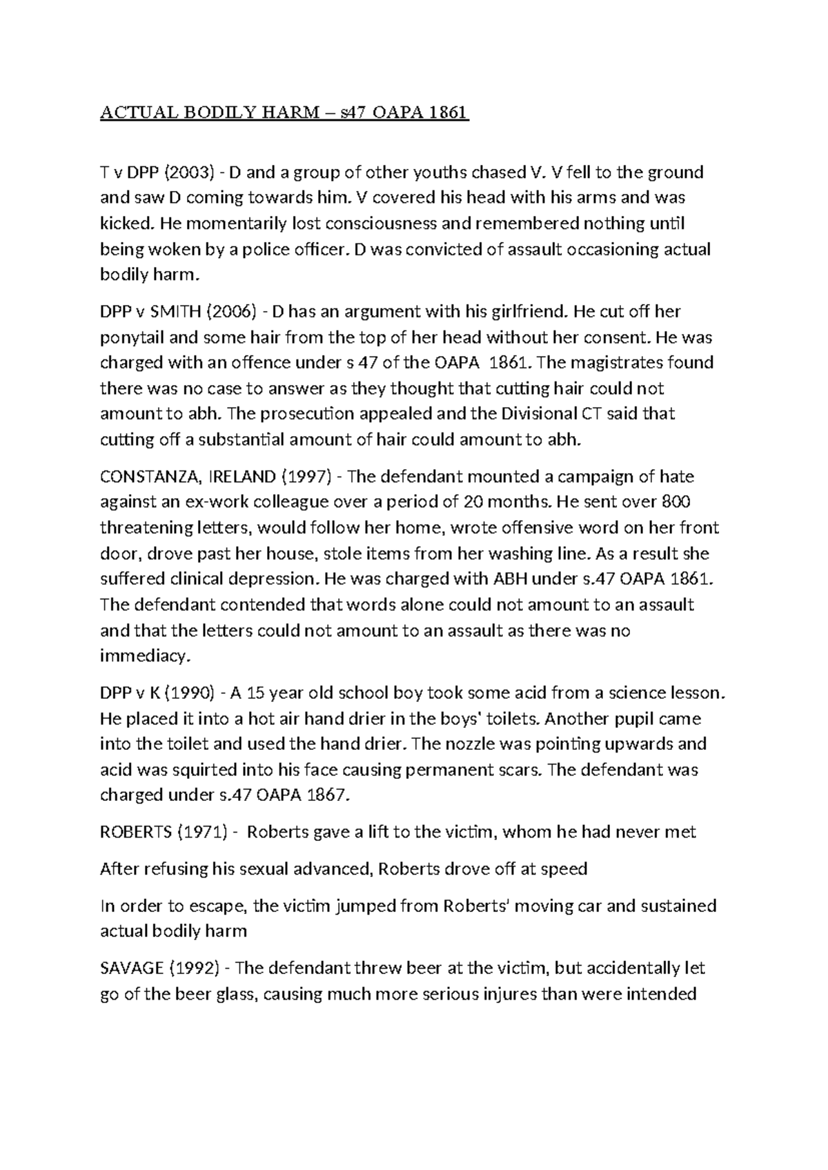 Actual Bodily Harm Case Summaries - Law Revision Notes - Studocu