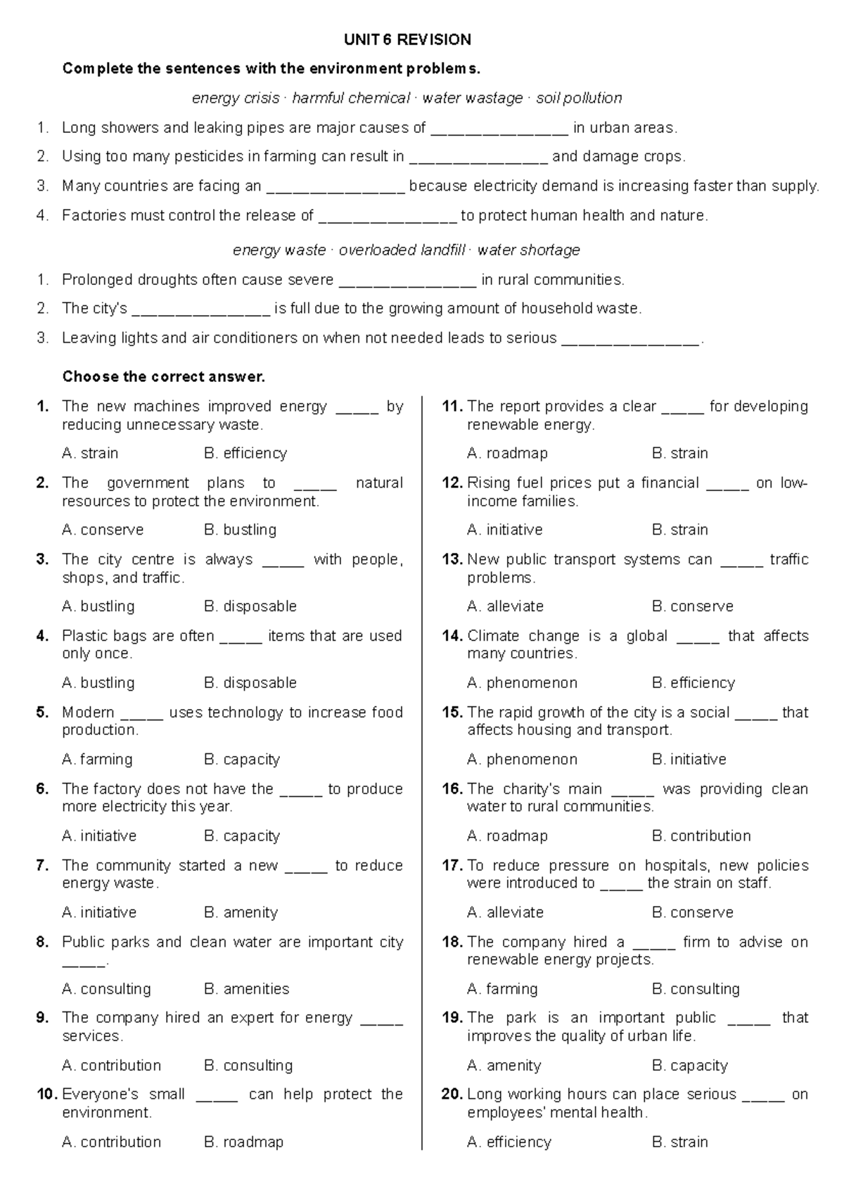 UNIT 6 Revision - Environmental Issues and Solutions - Studocu