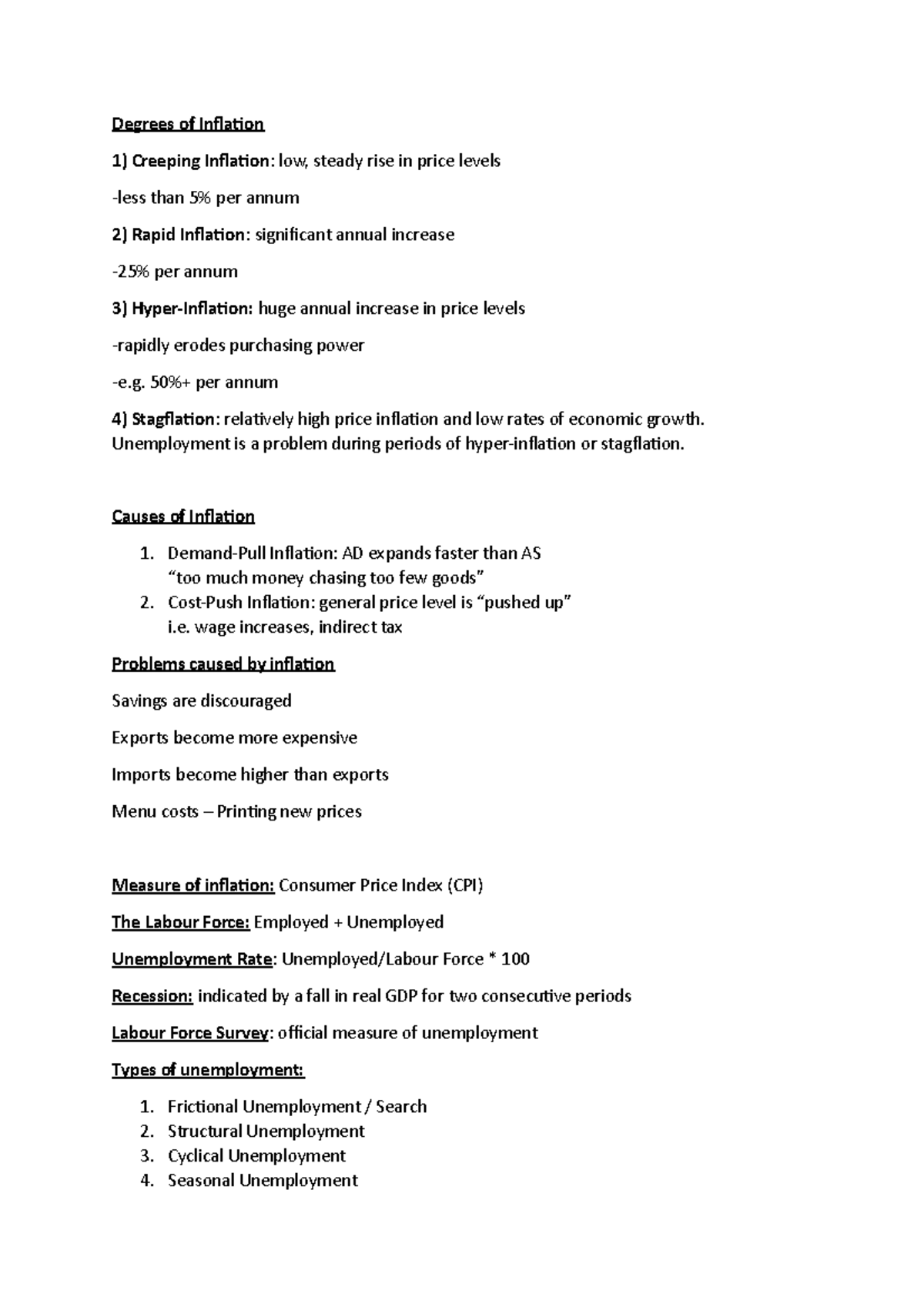 ECON 101: Inflation Types & Unemployment Overview Essay Notes - Studocu
