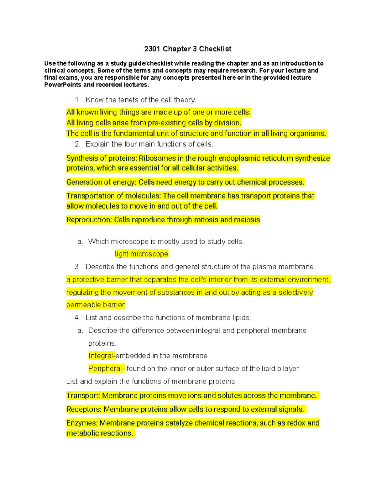 2301 Chapter 3 Study Guide: Key Concepts in Cell Biology - Studocu