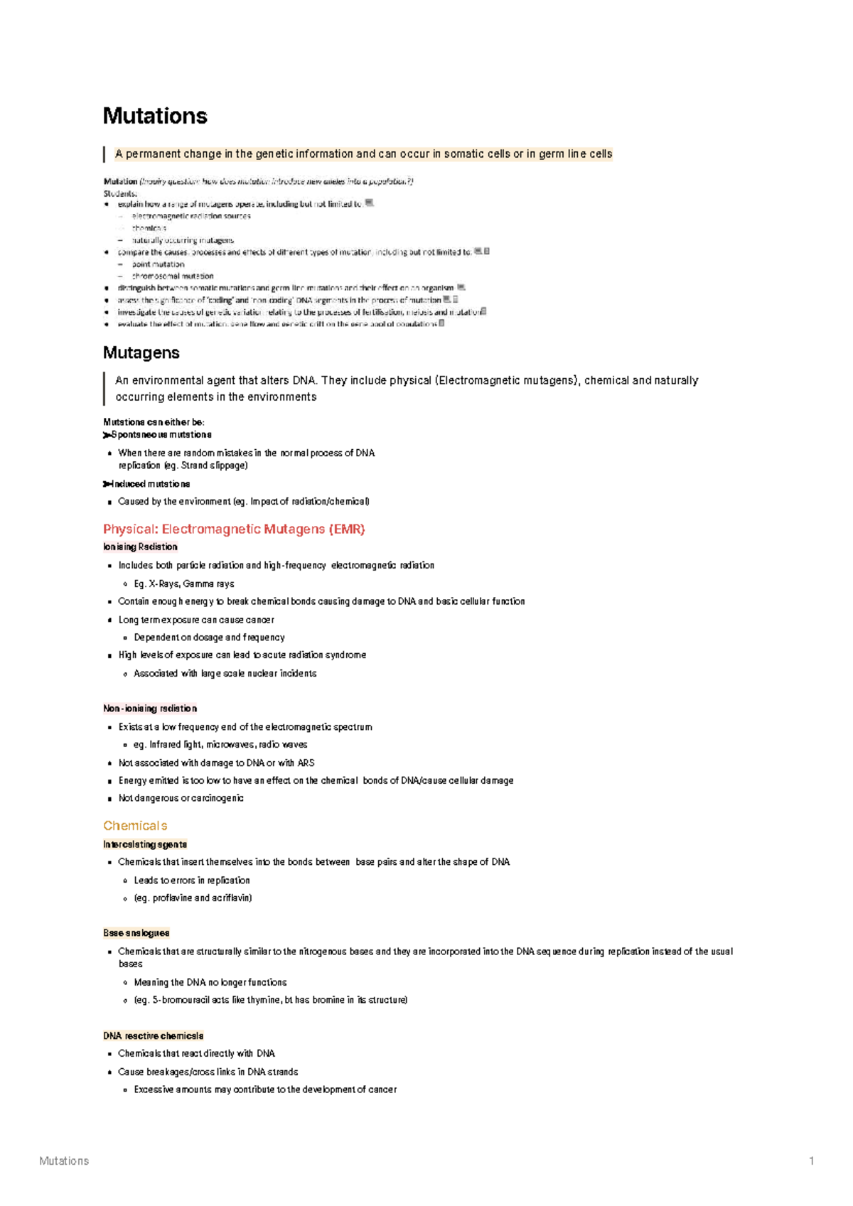 BIOLOGY - LECTURE NOTES 1: Understanding Mutations and Mutagens - Studocu