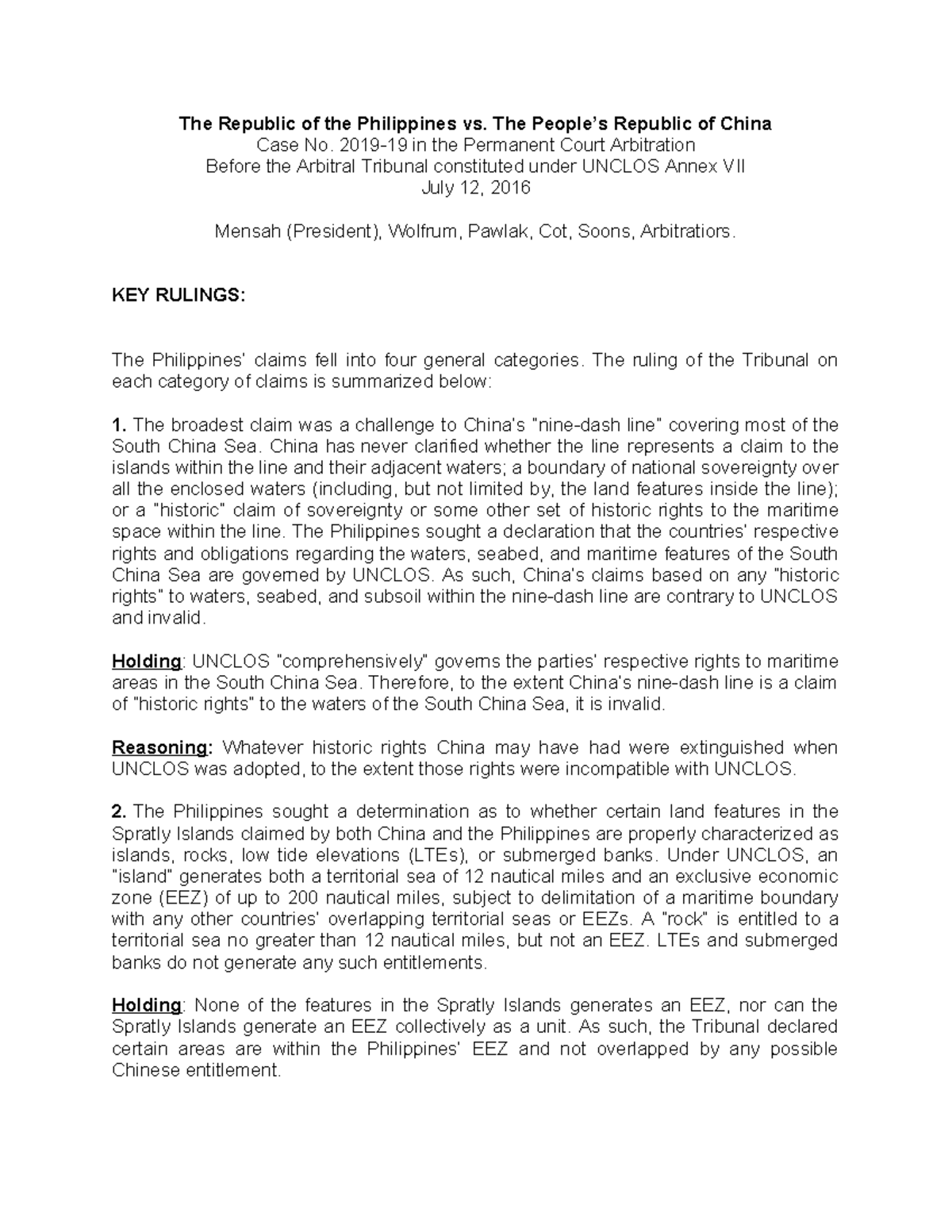 Philippines vs. China: UNCLOS Arbitration Case Summary (2016) - Studocu