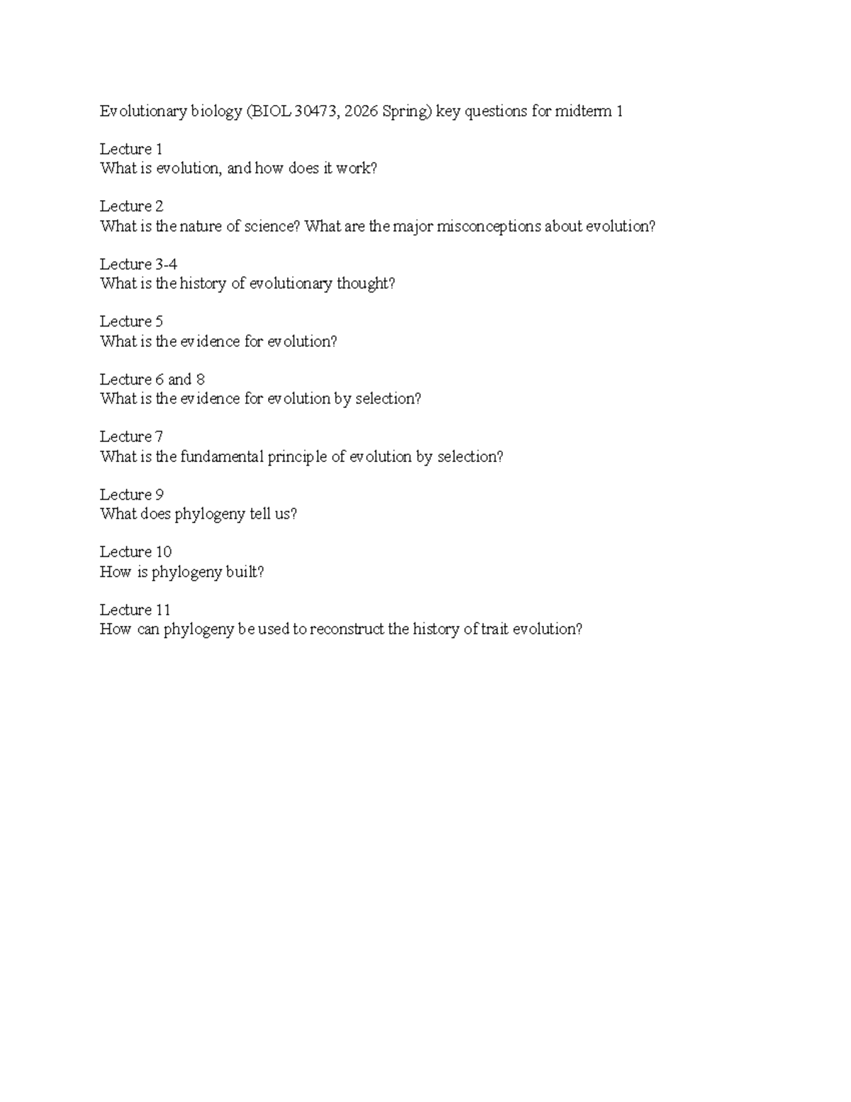 Evolutionary Biology (BIOL 30473, Spring 2026) Midterm 1 Key Questions ...