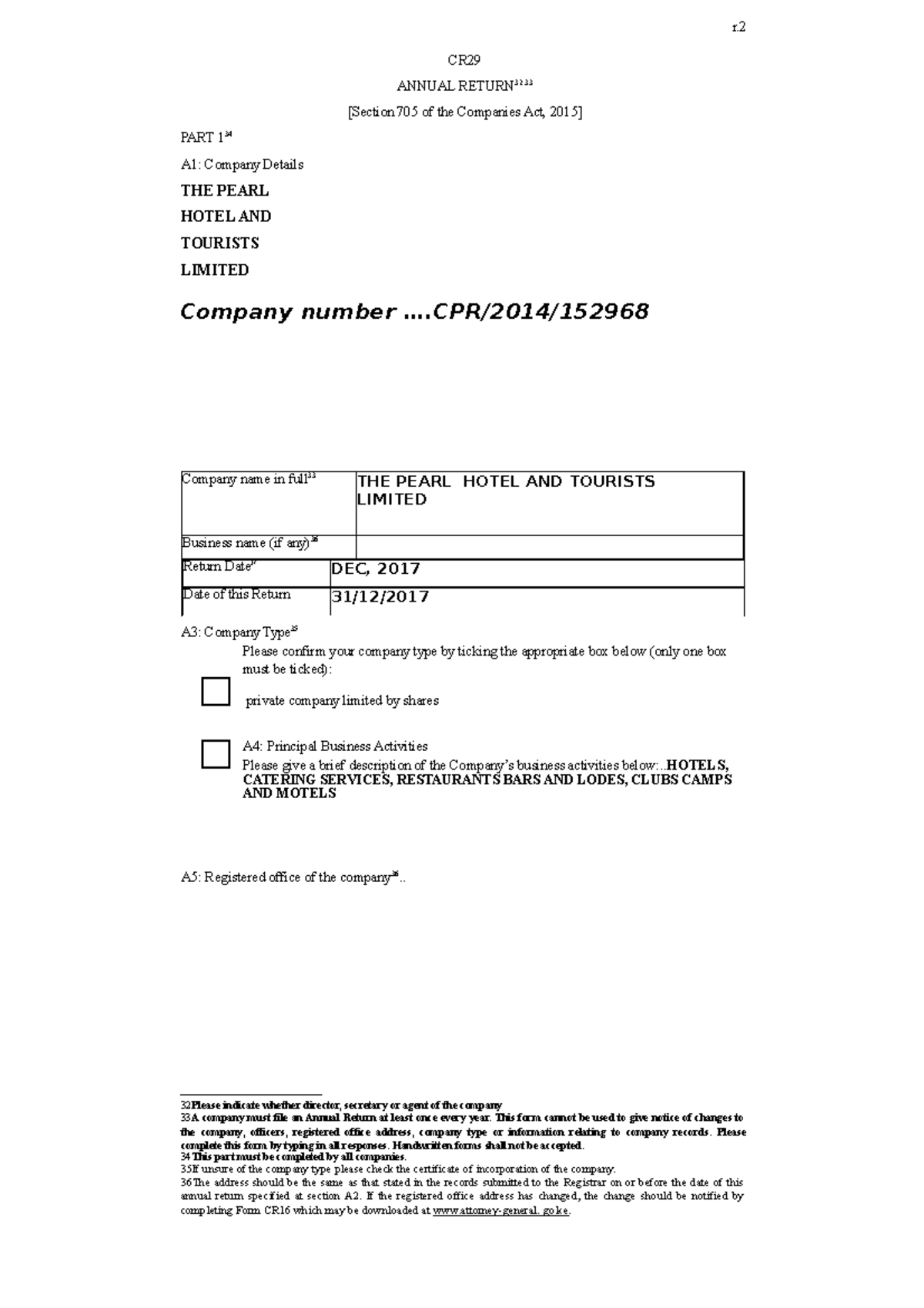 Annual Return CR 29 for The Pearl Hotel and Tourists Ltd. - Studocu