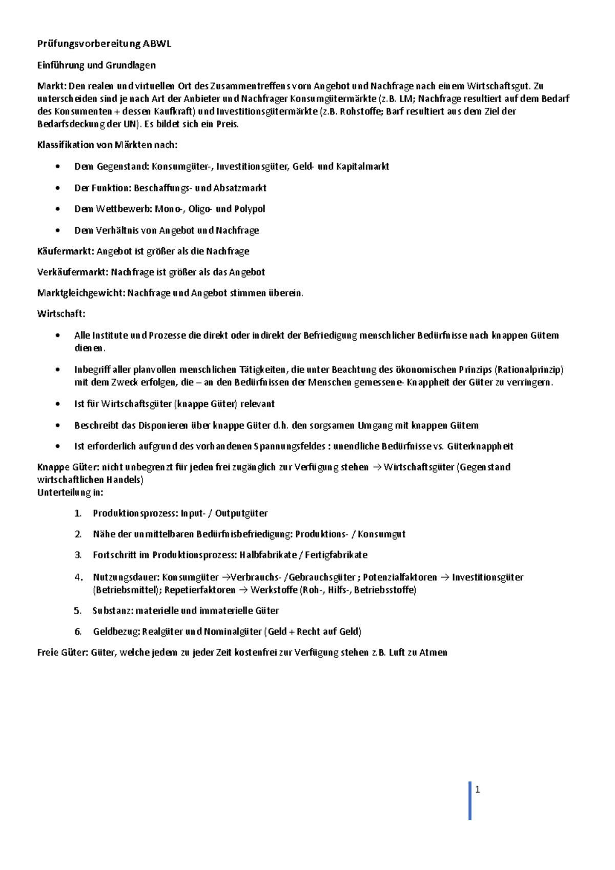 Prüfungsvorbereitung BWL: Märkte, Wirtschaft & Unternehmensführung - Document Preview