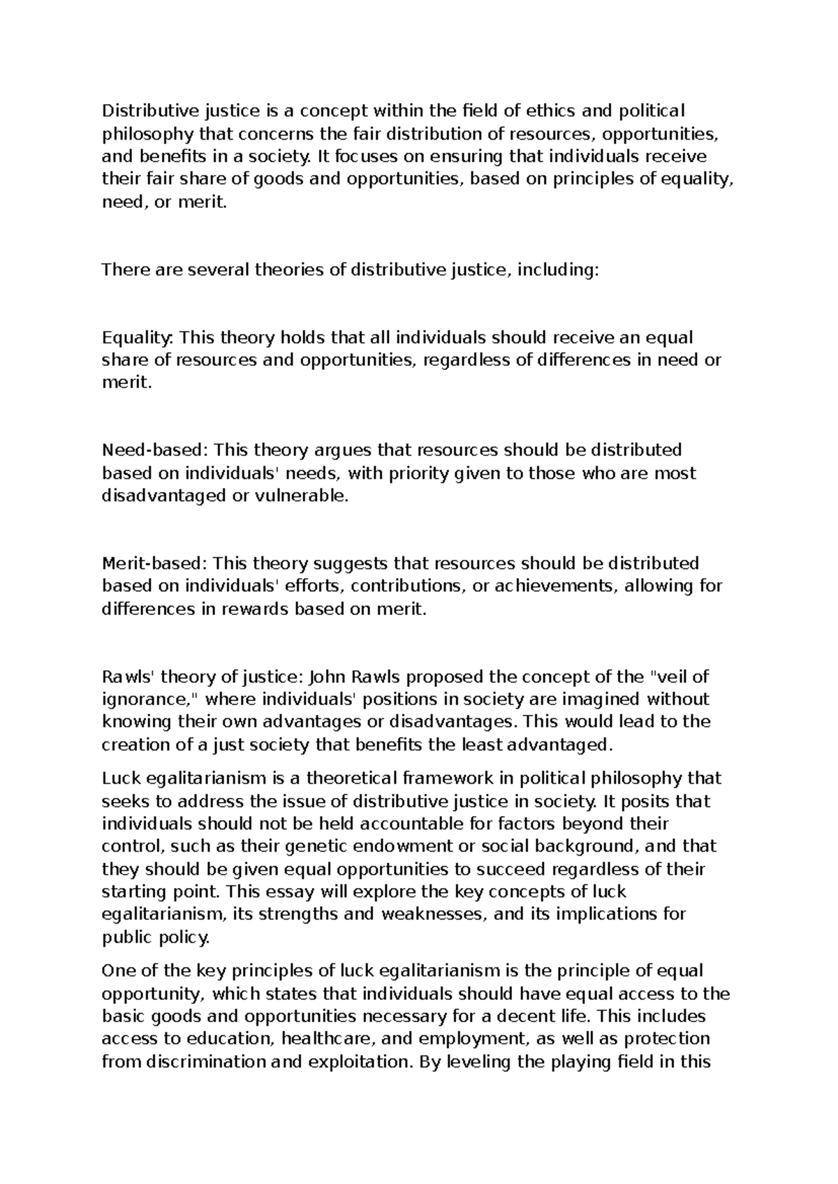 Lecture notes Luck egualitarianism - Distributive justice is a concept ...