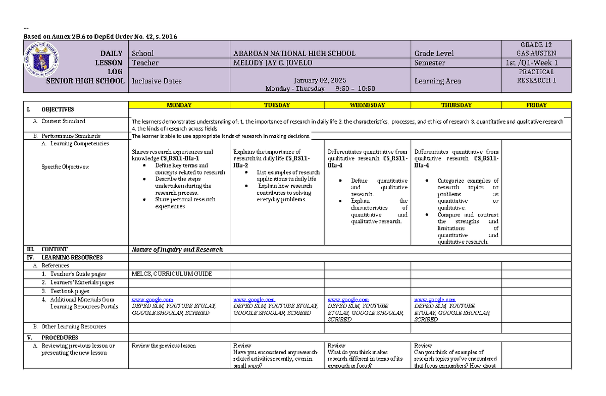 PR2 - Wk 1 - PR1 Daily Lesson Log for Grade 12 GAS Research - Studocu