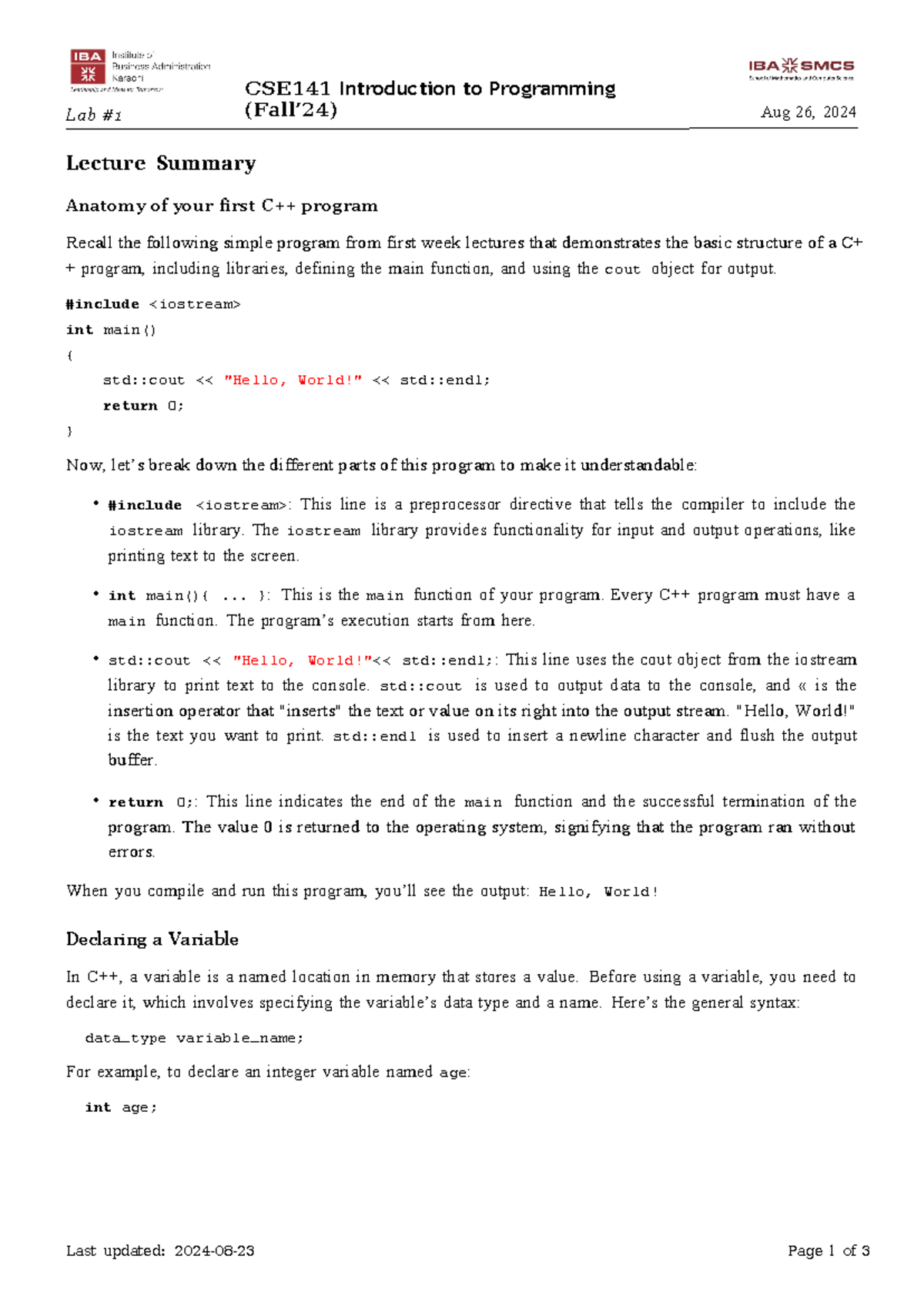 CSE141 - Lab 01: Intro to C++ Programming Basics and Tasks - Studocu