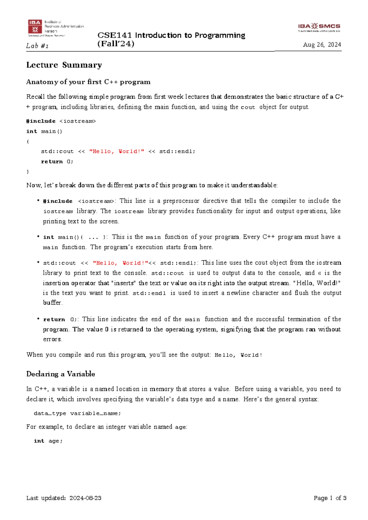 Object Oriented Programming Lab Manual - Lab # 1 (2023) - Studocu