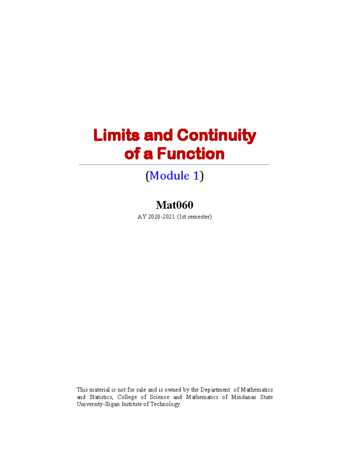 Mat060 Final Exam: Module 1 - Limits and Continuity of Functions - Studocu