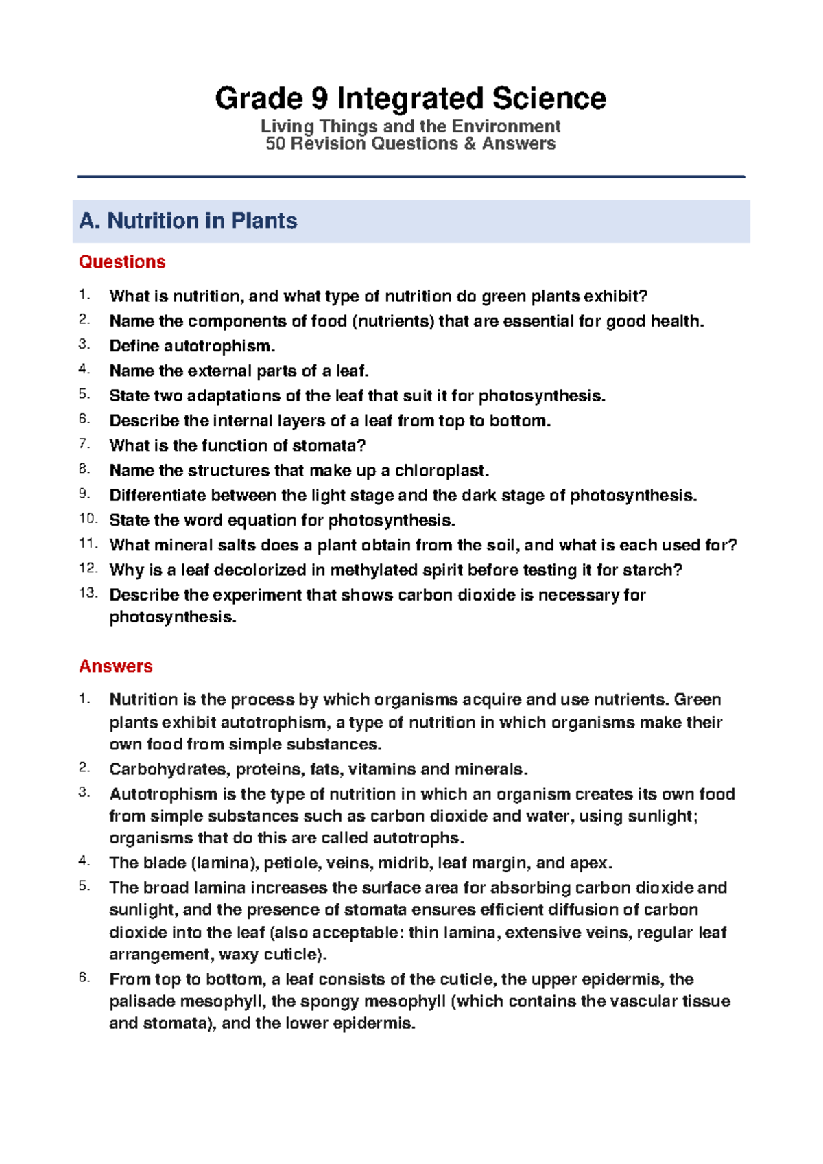 Grade 9 Integrated Science: 50 Revision Questions & Answers on Living ...