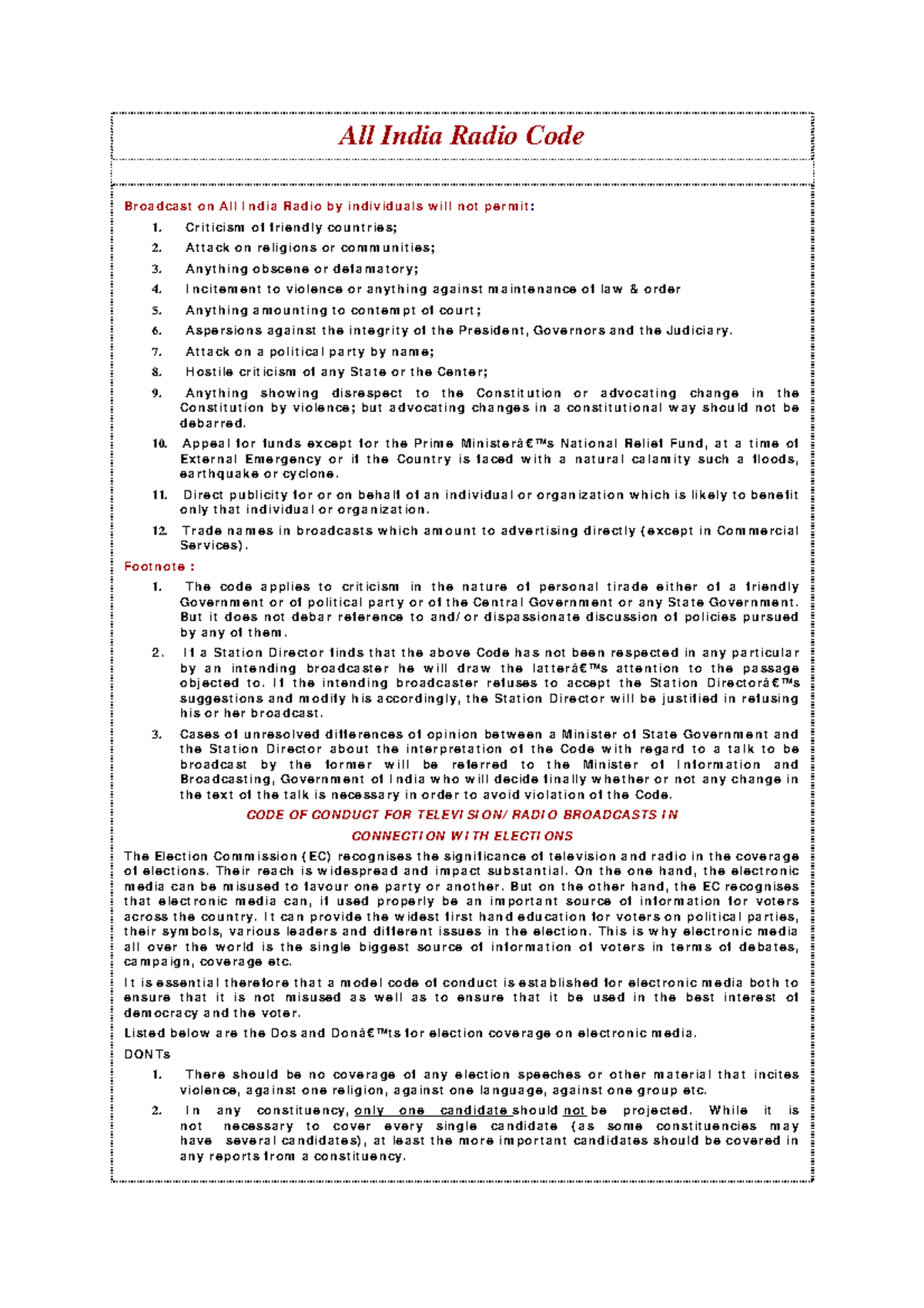 AIR-Code: Guidelines for Broadcasts on All India Radio - Studocu