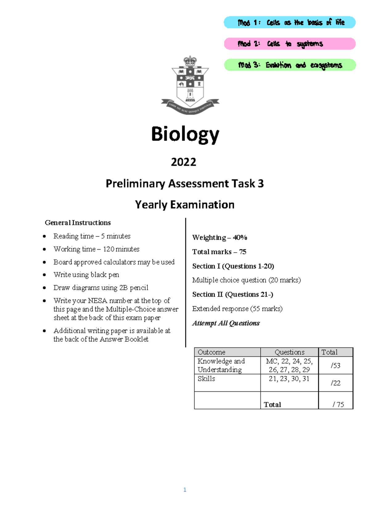 Fort St 2022 Biology Prelim Exam: Cells, Ecosystems & Evolution - Studocu