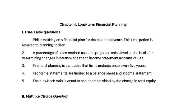 Chapter 4: Financial Planning I - Key Concepts & MCQs - Studocu