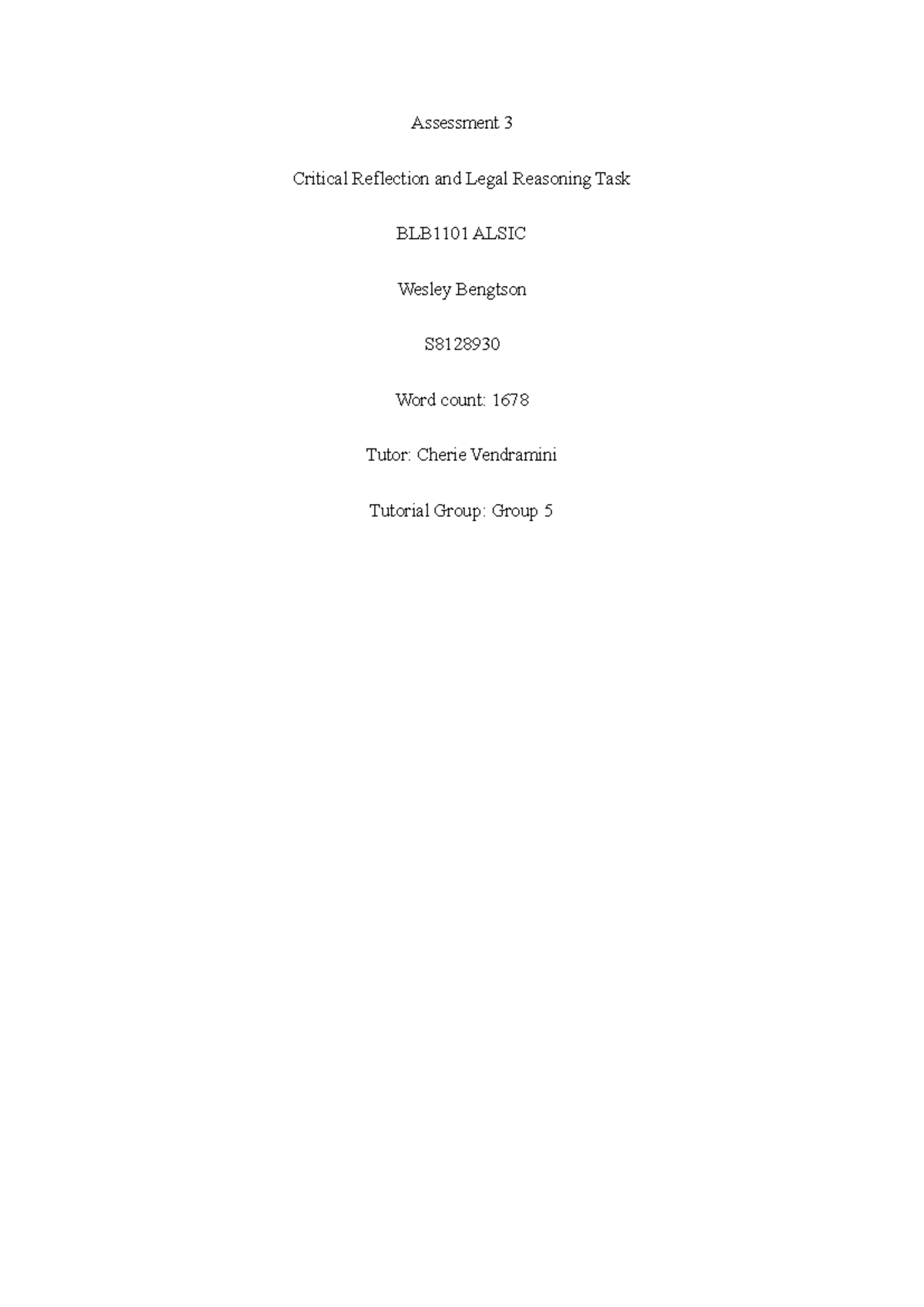 BLB1101 - Assessment 3: Critical Reflection & Legal Reasoning Insights ...