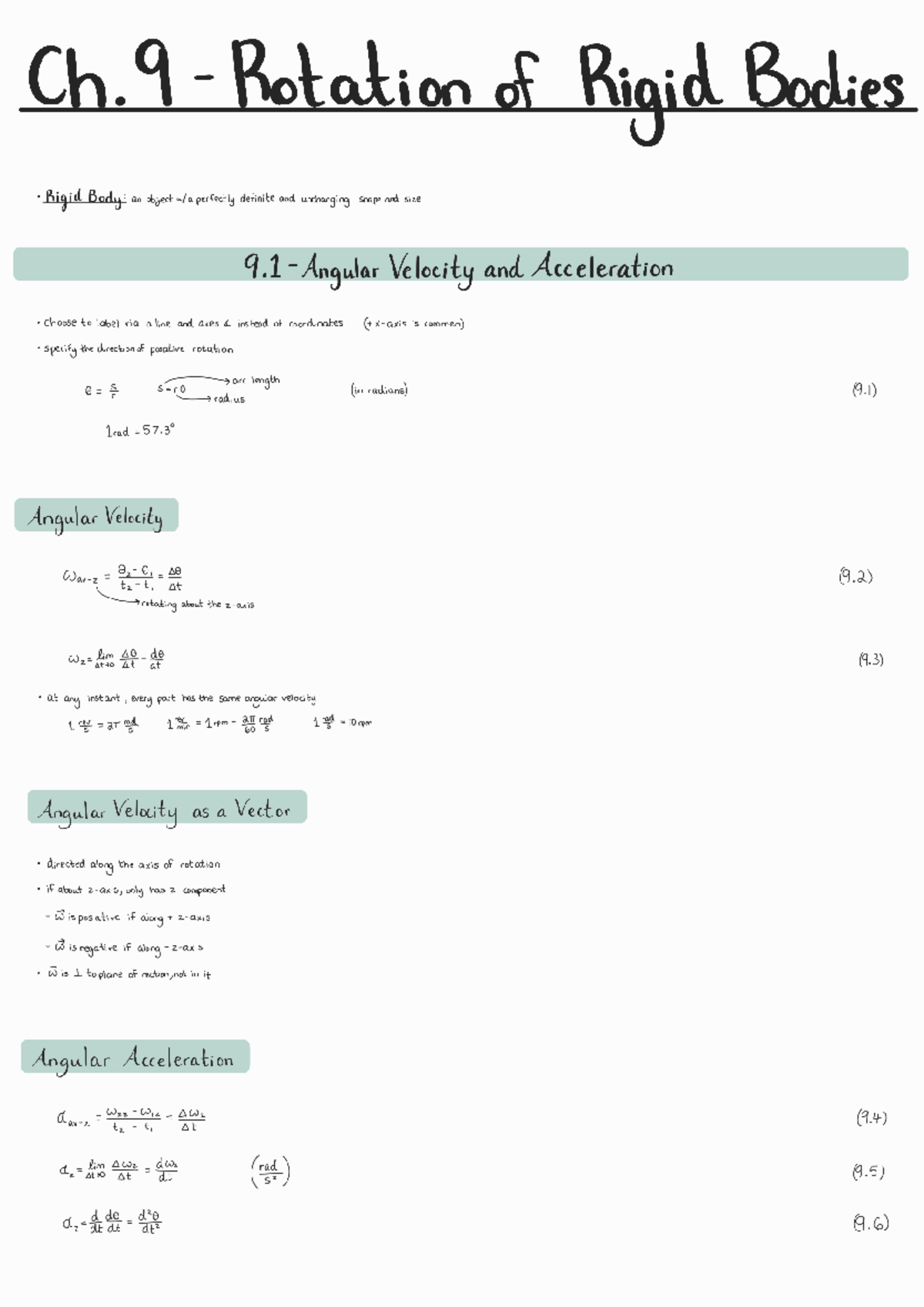 Ch. 9 Notes on Rotation of Rigid Bodies: Angular Velocity ...