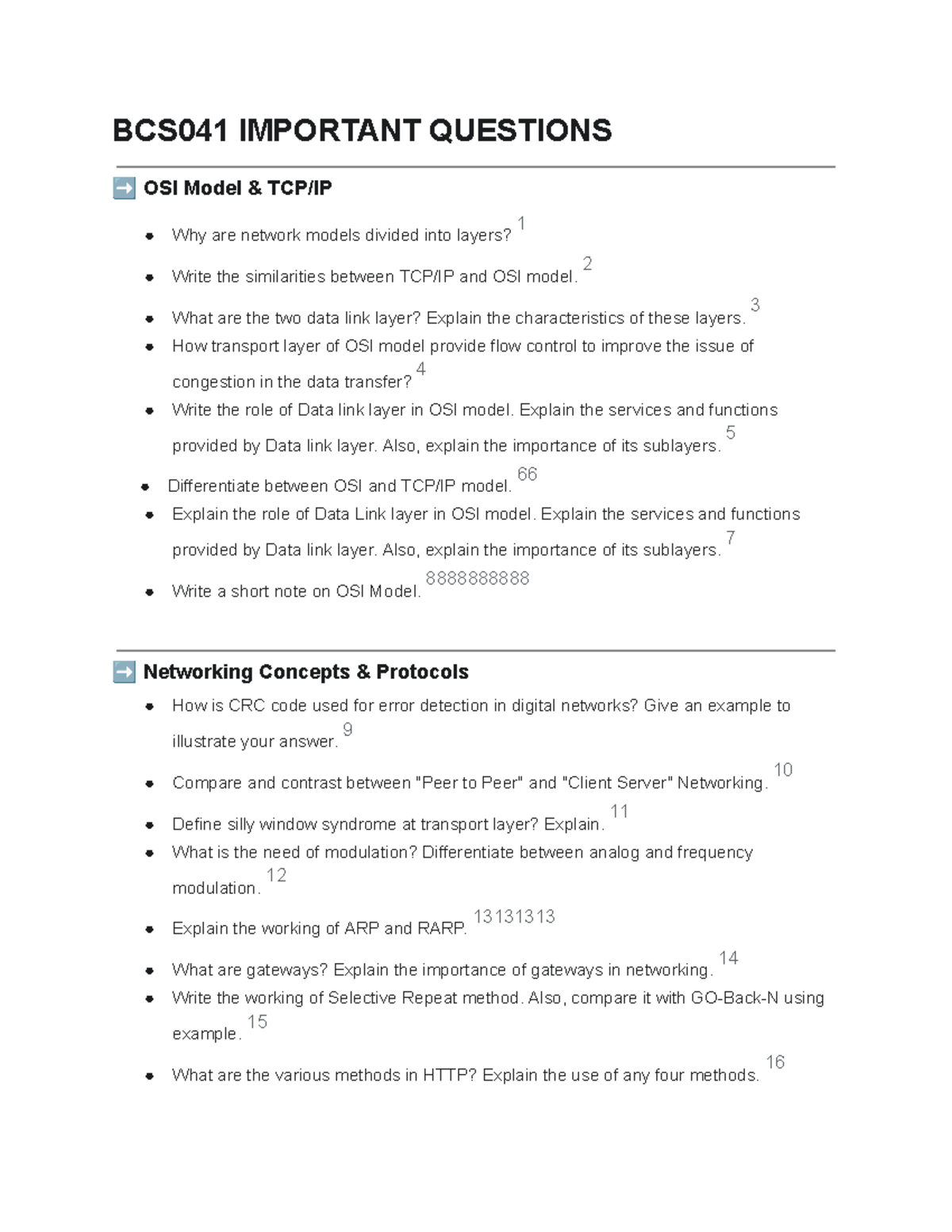 BCS041 Important Questions on OSI Model and Networking Concepts - Studocu