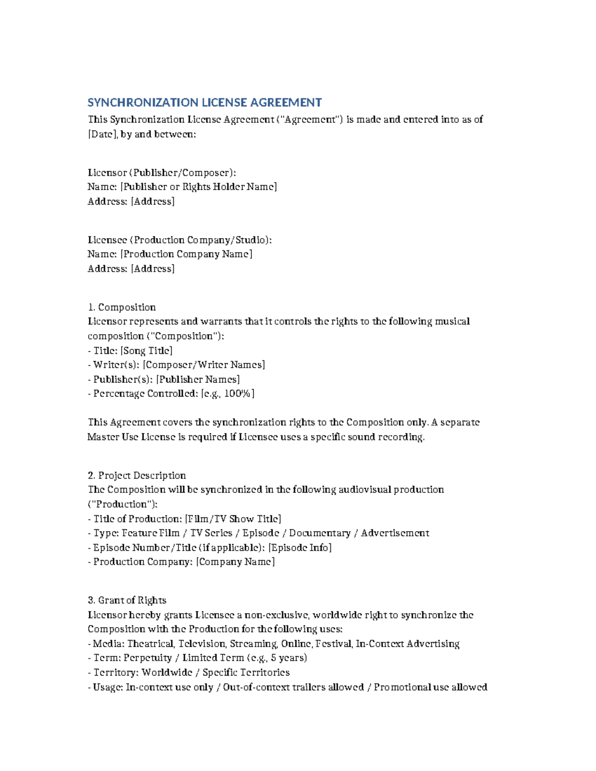 SYNCHRONIZATION LICENSE AGREEMENT: Key Terms & Conditions - Studocu