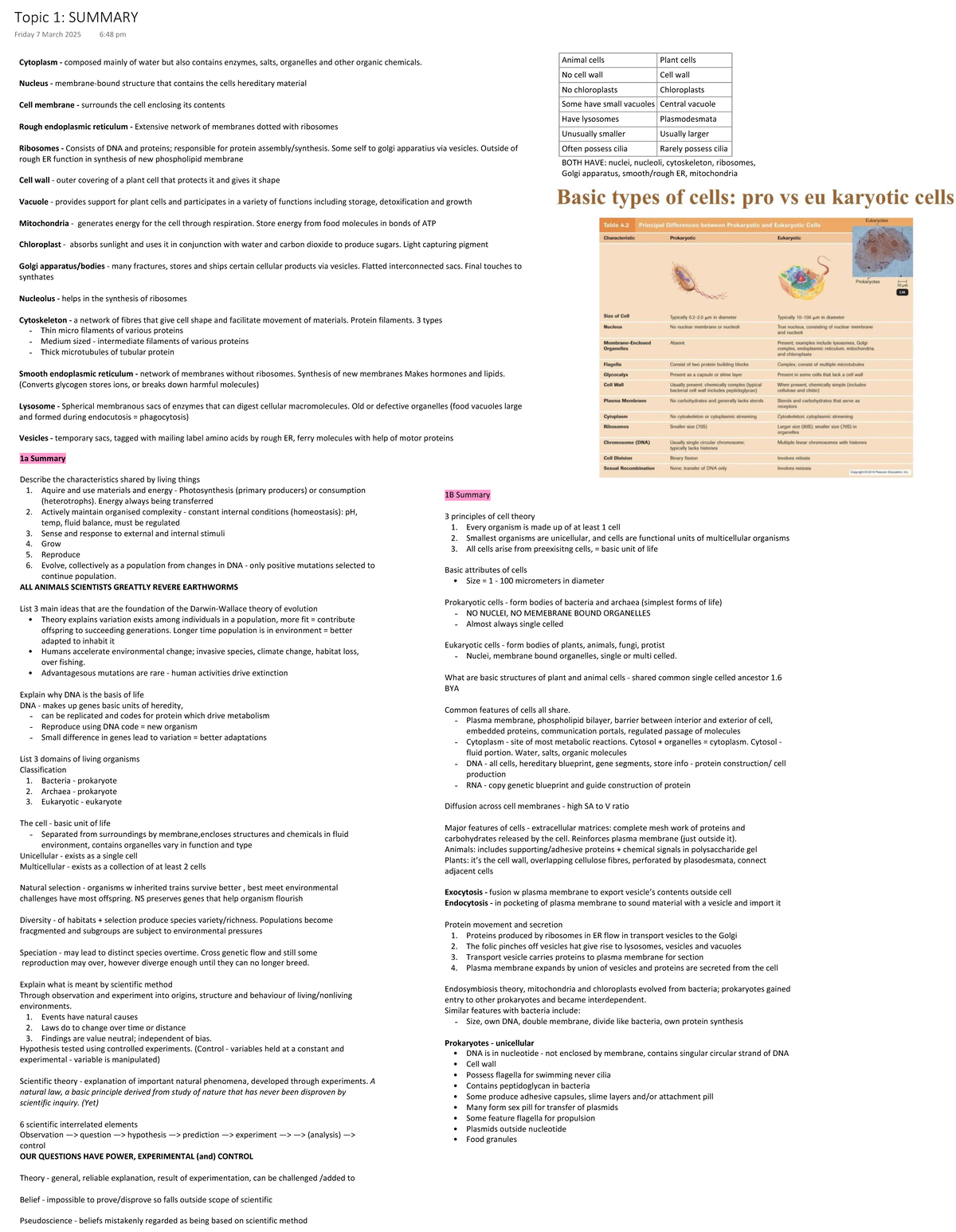 Topic 1: Summary of Cell Structure and Function (Biology 101) - Studocu