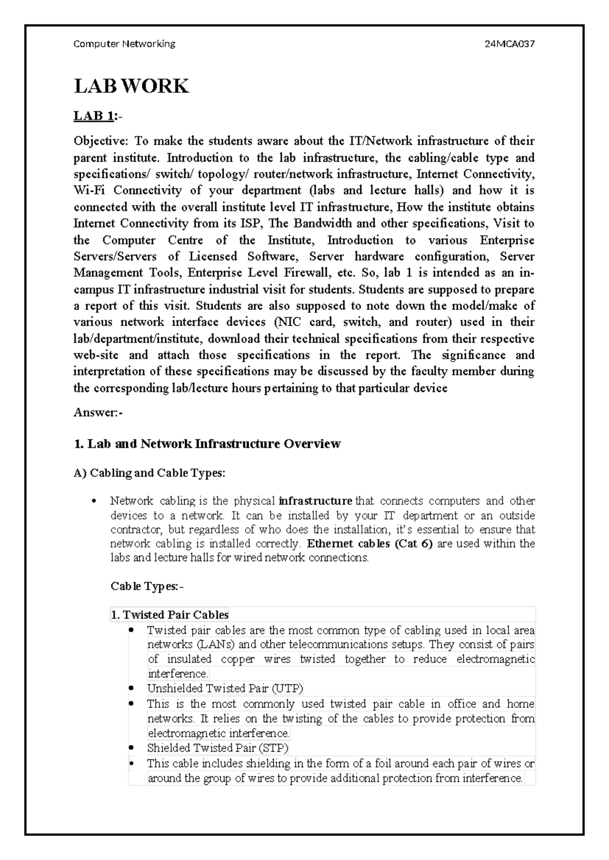 Computer Networking 24MCA037 Lab 1: IT Infrastructure Overview and ...