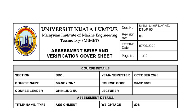 WMD10101 Mandarin 1 Assignment Brief and Guidelines - Studocu