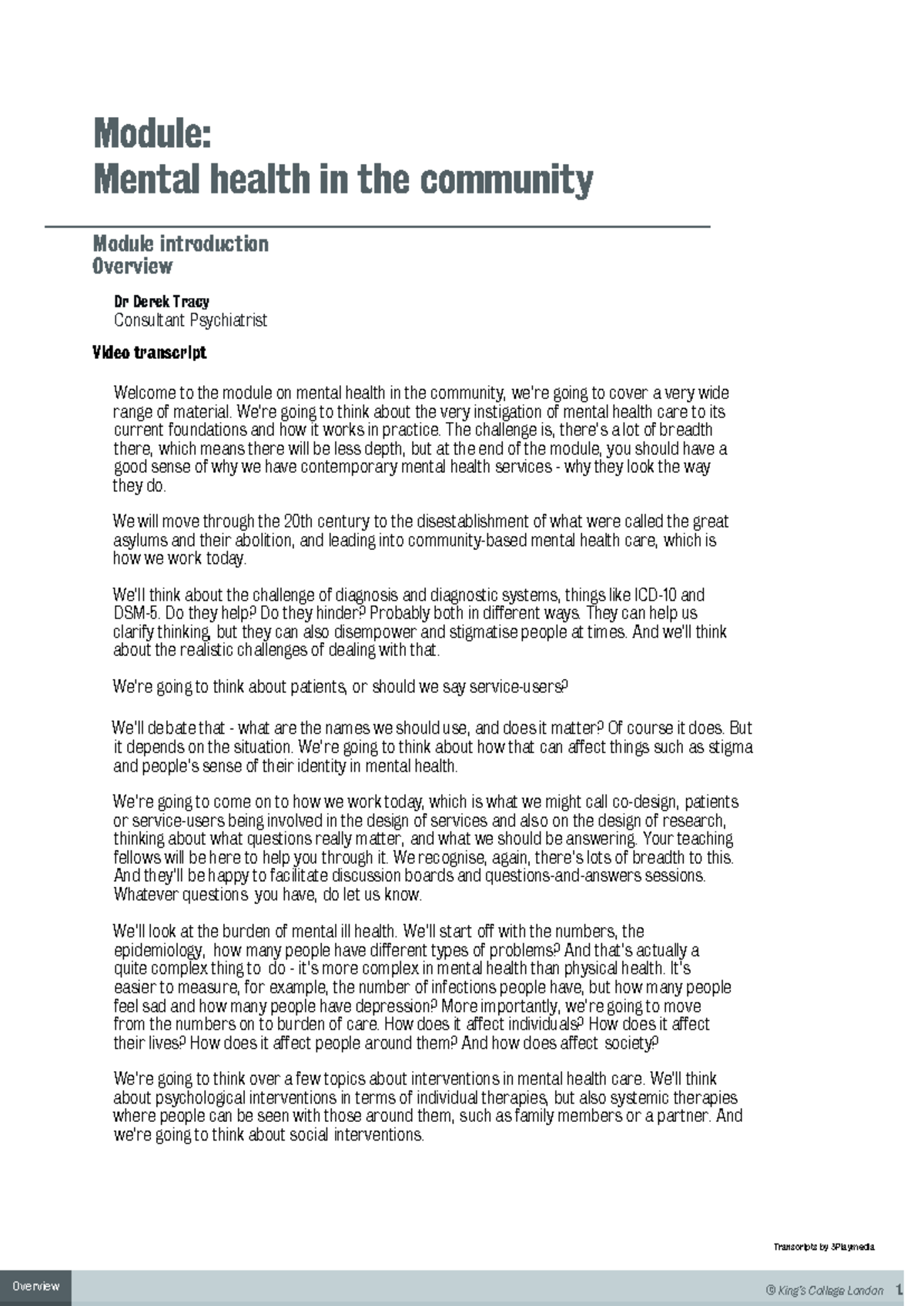 Mental Health in the Community - Module Overview - Studocu