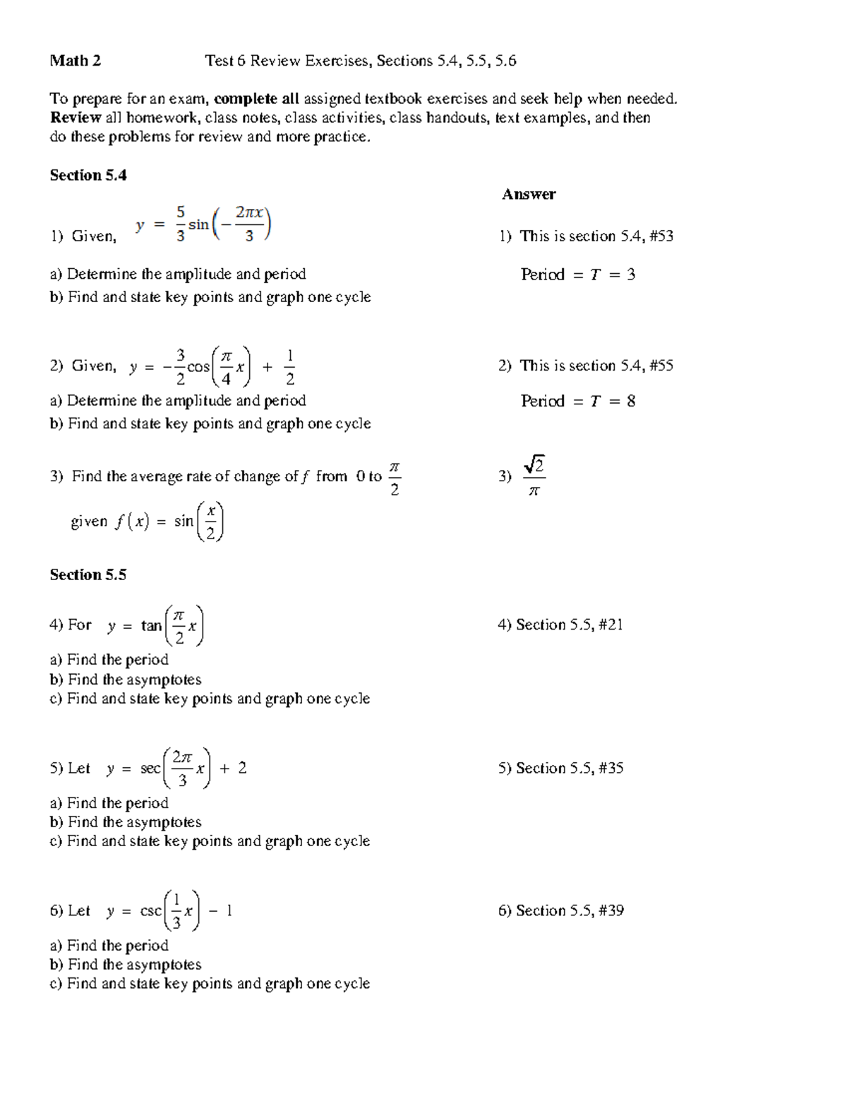 Math 20 Test 6 Review: Exercises from Sections 5.4, 5.5, 5.6 - Studocu