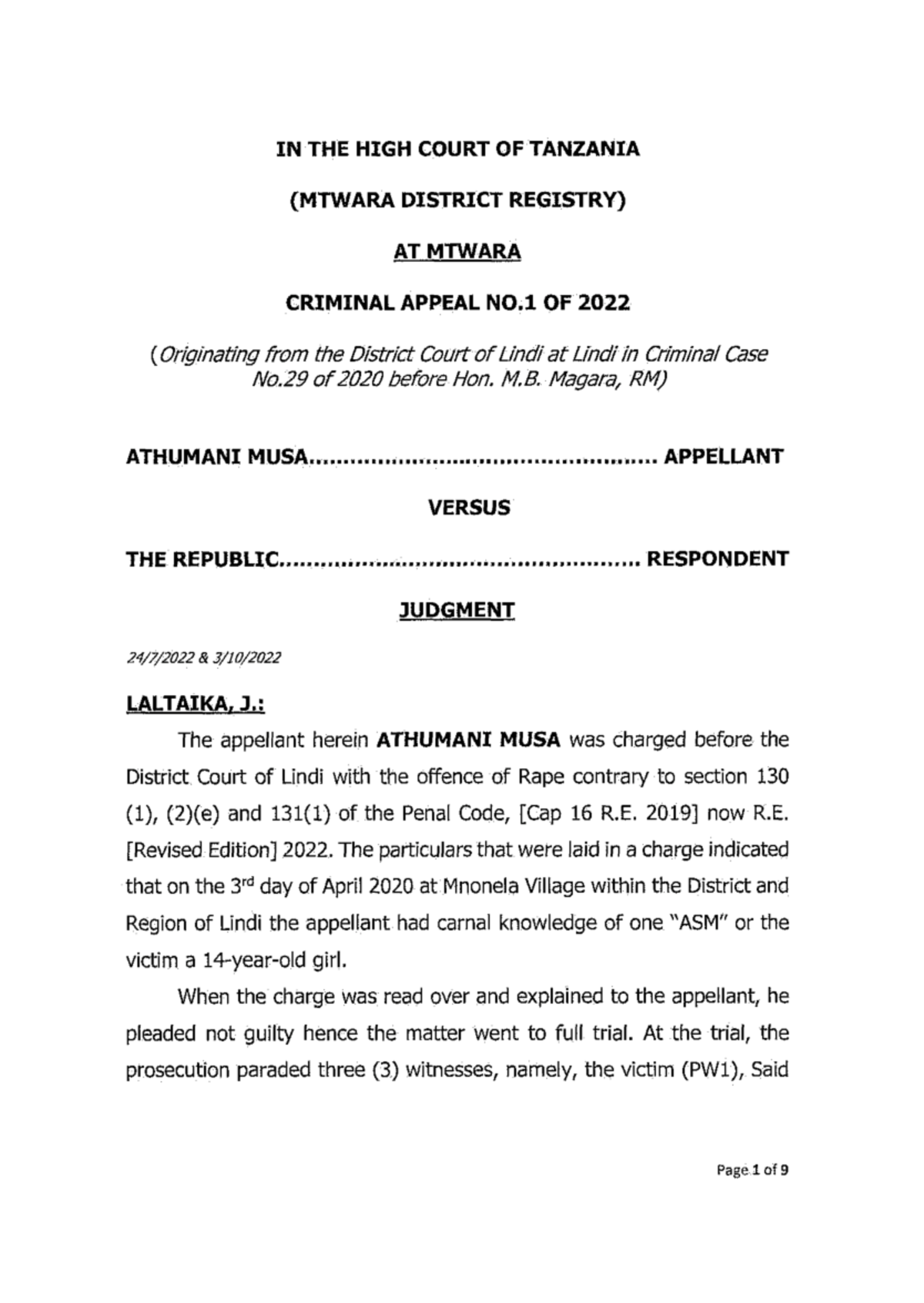 Athumani Musa v R - 2022 Criminal Appeal Judgment Analysis - Studocu