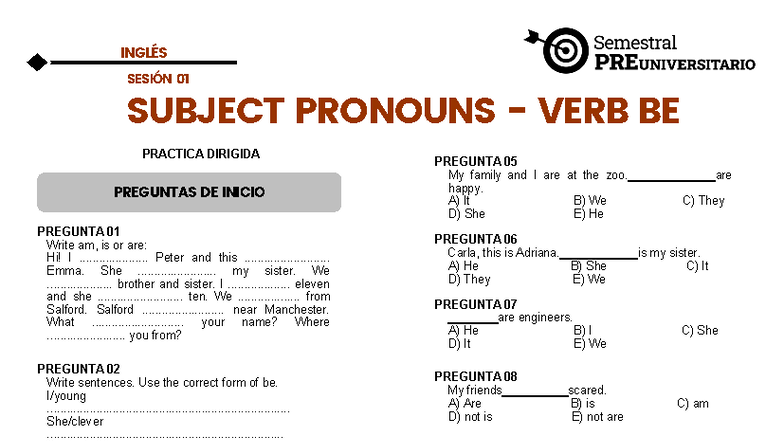 S01 Semestral PRE Inglés: Subject Pronouns & Verb "Be" Practice - Studocu