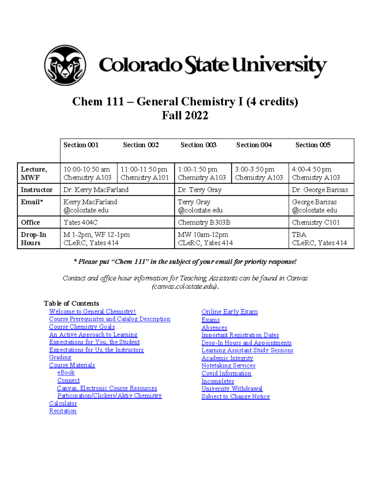 Syllabus for CHEM111 - General Chemistry I - Fall 2022 - Studocu