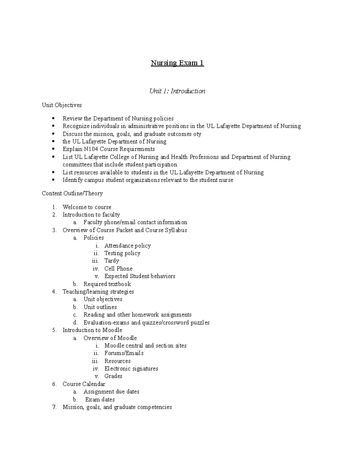 Nursing 104 Unit Exam 1 Study Guide - Heather Richardson - Studocu
