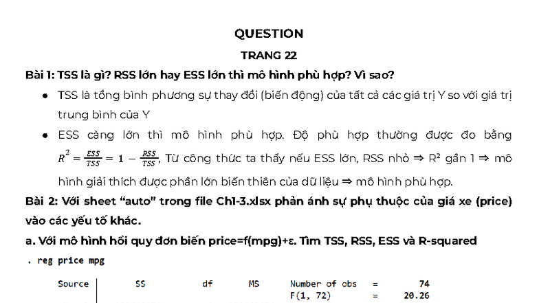 question econometric - QUESTION TRANG 22 Bài 1: TSS là gì? RSS lớn hay ...