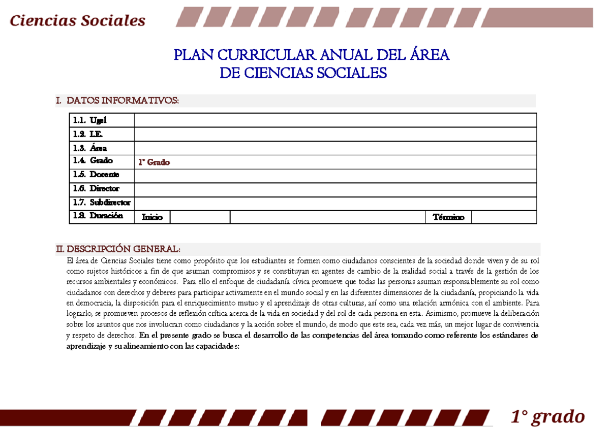 PLAN ANUAL DE CIENCIAS SOCIALES I - 1° SEC 2026 - Document Preview