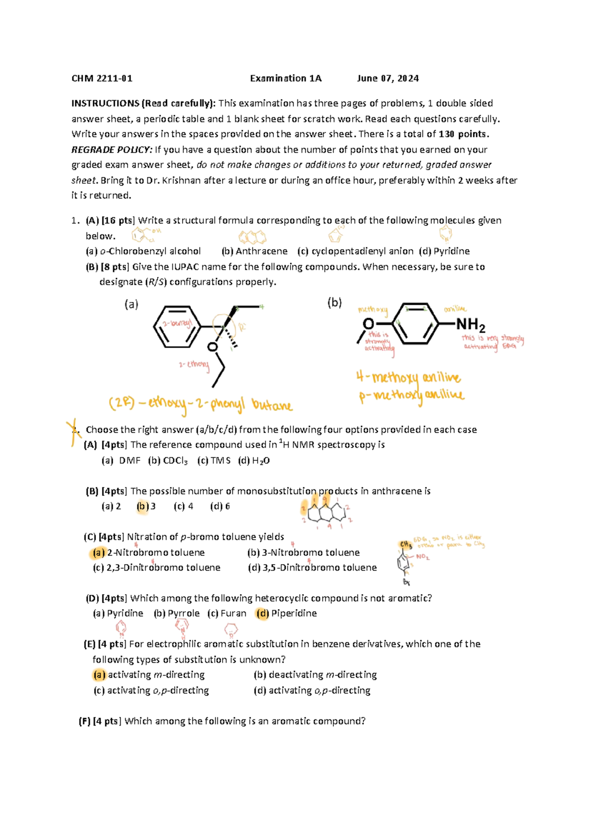 CHM 1A Practice Exam 1 - June 2024 Instructions & Questions - Studocu