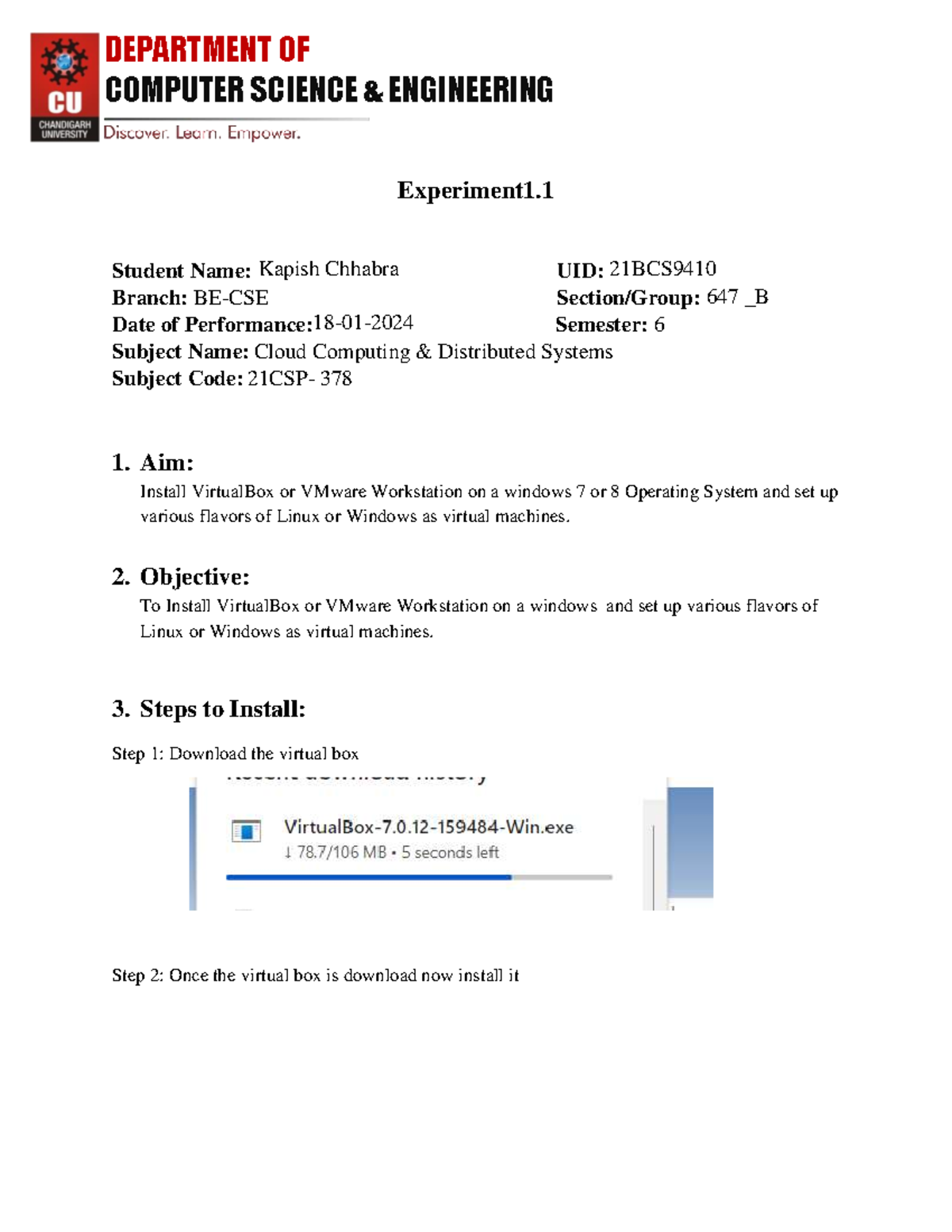 CC 378 - Experiment 1.1: Installing VirtualBox & VM Setup Guide - Studocu