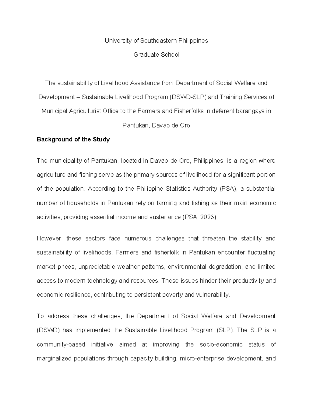Concept Paper on Sustainability of Livelihood Assistance in Pantukan ...